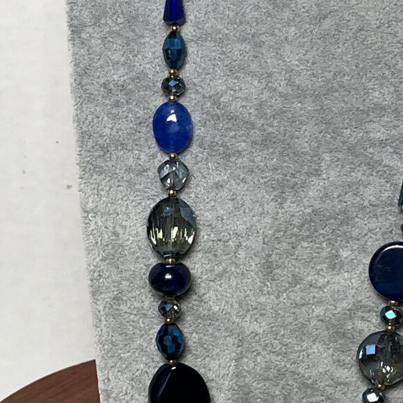 Stunning Art Glass Faceted Crystal Blue Gold Beaded Necklace 28” - Picture 3 of 7